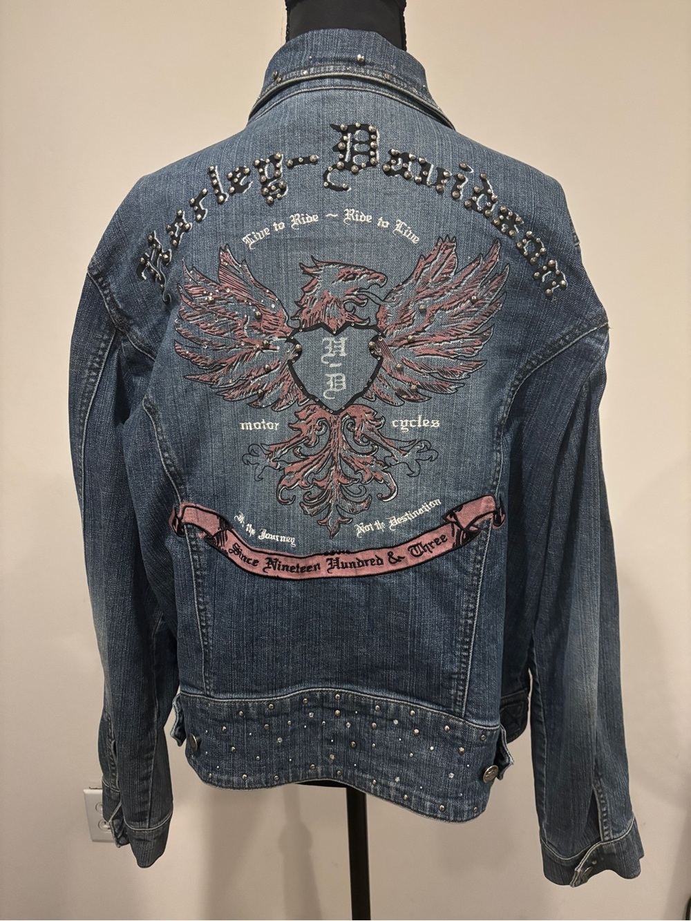 Harley Davidson Womens Medium Blue Denim Jacket Pink Stud and Rhinestone Accents